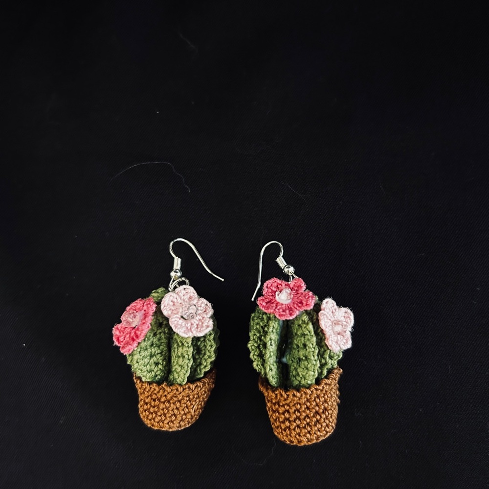 Crochet Cactus Earrings with Pink Flowers